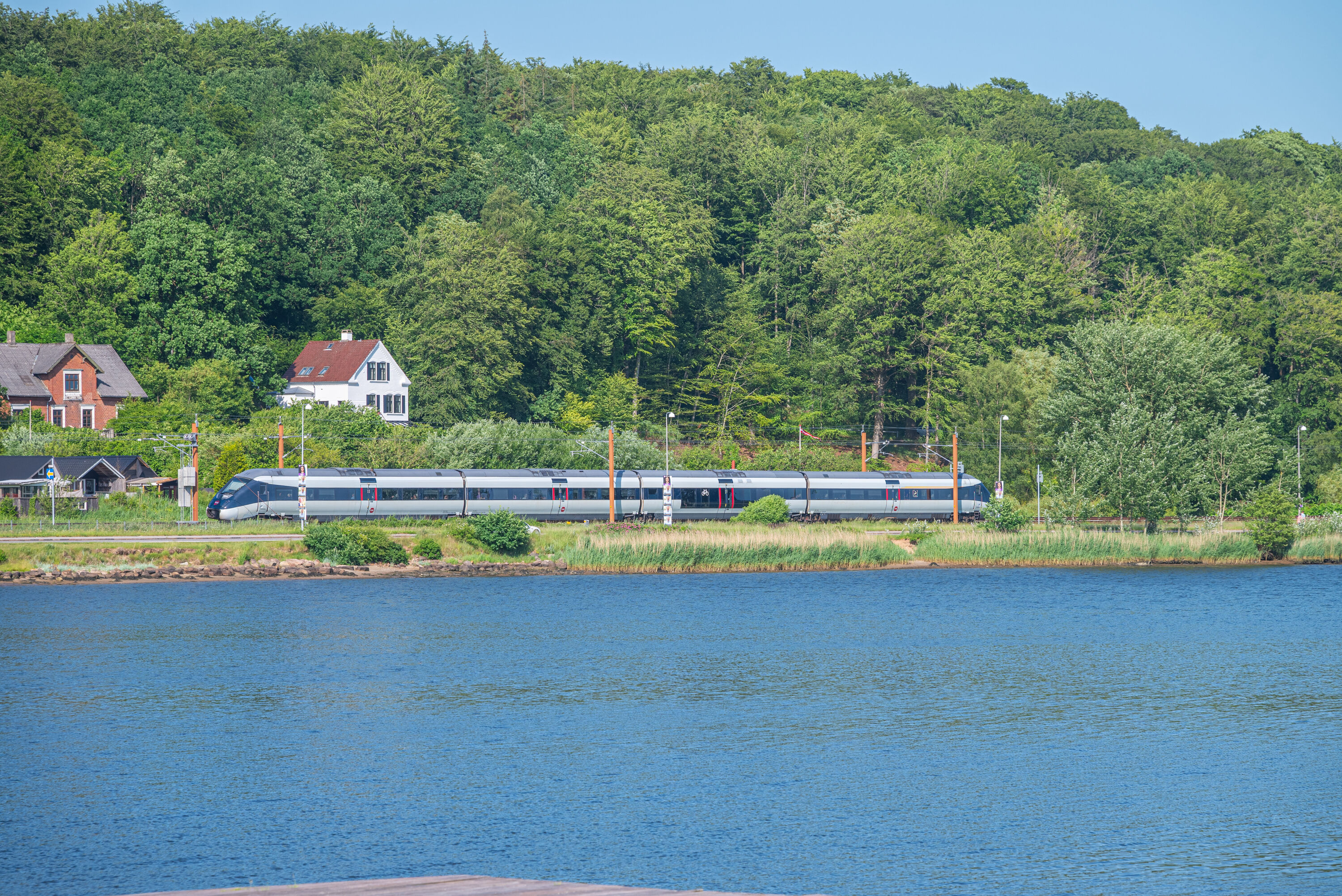 DSB IC4 train in the nature of Vejle fjord in Denmark