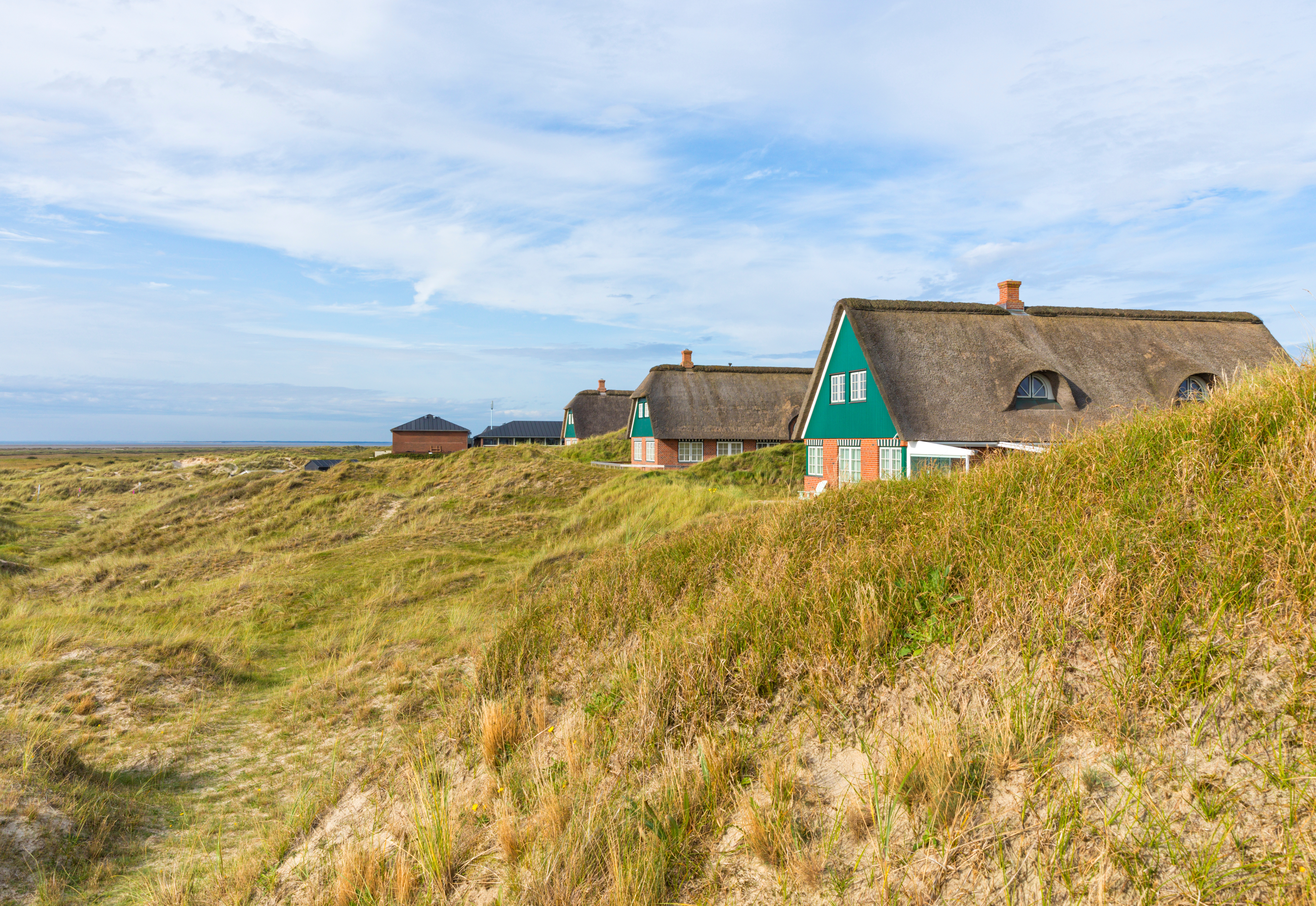 Thatched-roof summer houses in the dunes of Fanø, Denmark